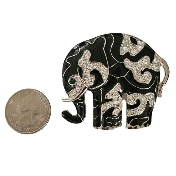 Black Enamel Clear Rhinestone Silver Tone Elephant Brooch L138 - Picture 5 of 8